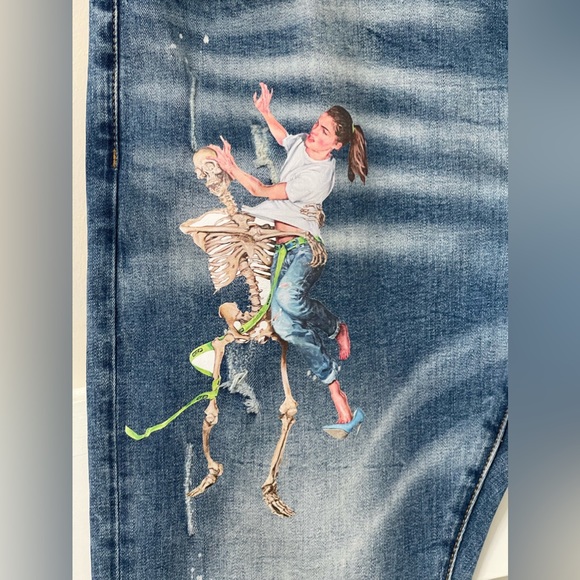 Off-White Designer Unique Denim Girl Skeleton Caution Graphic Jeans Size 36 - Picture 6 of 17
